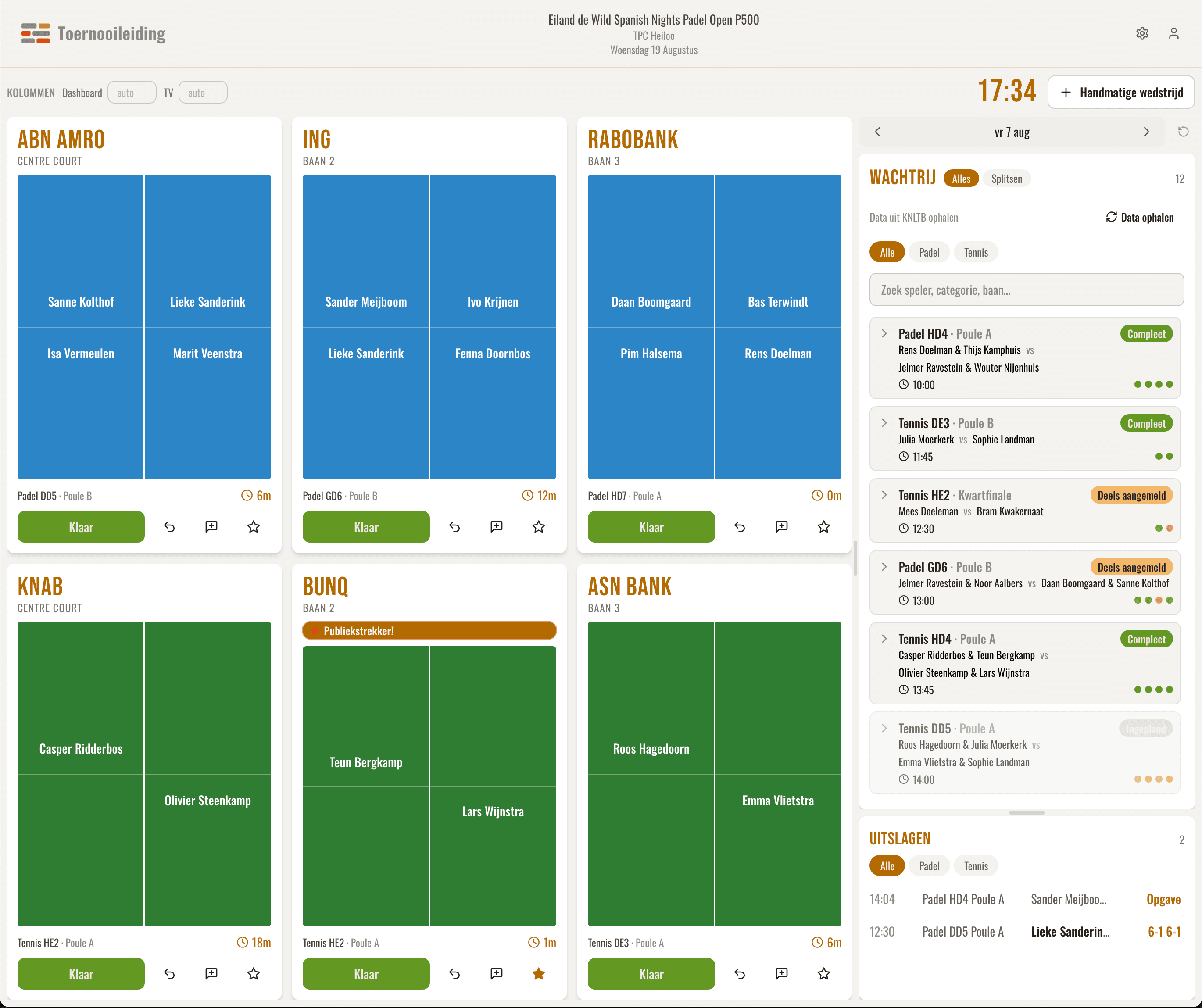 Het dashboard van de wedstrijdtafel: zes banen met de spelers die er nu op staan, de wachtrij met aangemelde wedstrijden en de laatste uitslagen